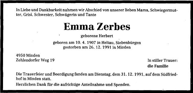 Herbert Emma 1907-1991 Todesanzeige